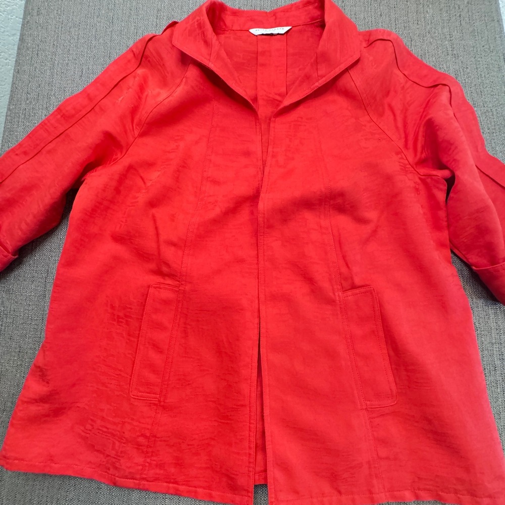 Peter Nygard Petite L Red Open Front Jacket Textured 3/4 Sleeve Blazer Pockets
